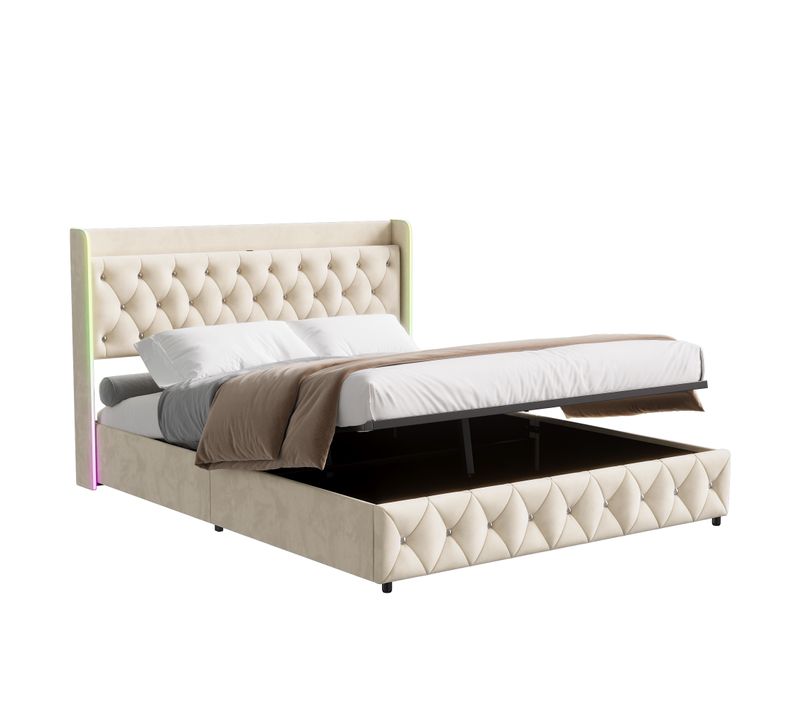 Lit Double 140 X 200 Cm, LED, Avec Charge USB,  Avec Espace De Rangement Et Sommier à Lattes, Beige