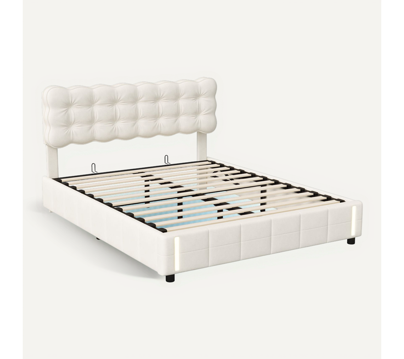 Lit 160x200cm Avec Lumière LED à Capteur Automatique,lits Capitonné Avec Rangement,velours,beige
