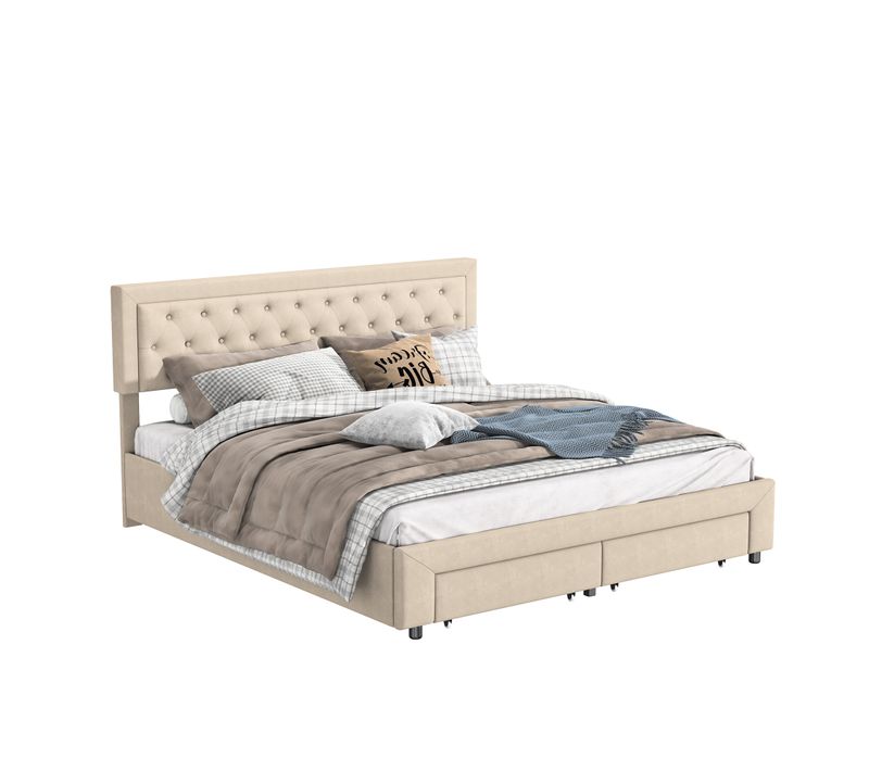 Lit Coffre 180x200 Cm Avec 2 Tiroirs, Lit Double Avec Sommier à Lattes Et Tête De Lit, Velours,beige