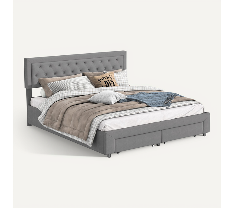 Lit Coffre 160x200 Cm Avec 2 Tiroirs, Lit Double Avec Sommier à Lattes Et Tête De Lit, Velours,gris