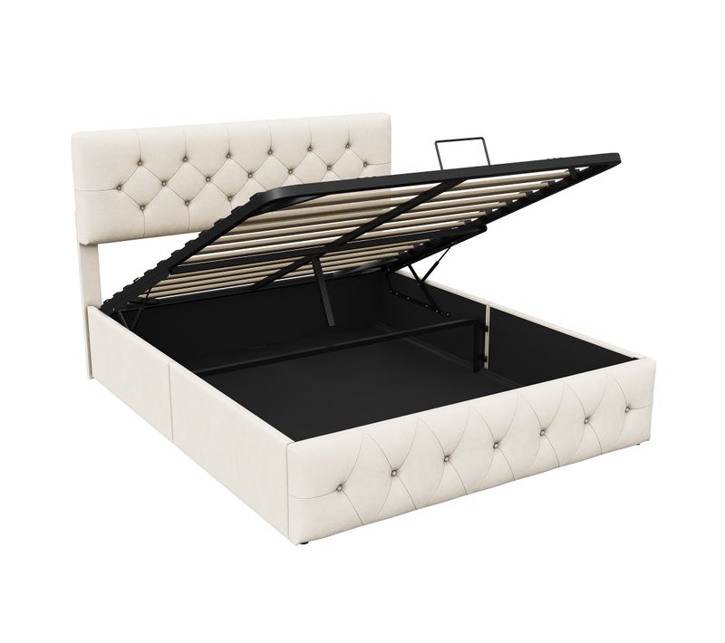 Lit Rembourré 140 X 200 Cm, Lit Double Avec Rangement Sous Lit, Sommier à Lattes En Métal, Beige