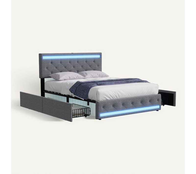 Lit Adulte 160x200 Cm, LED, Ports USB Et Type C, 4 Tiroir, Tissu En Lin, Cadre De Lit, Gris