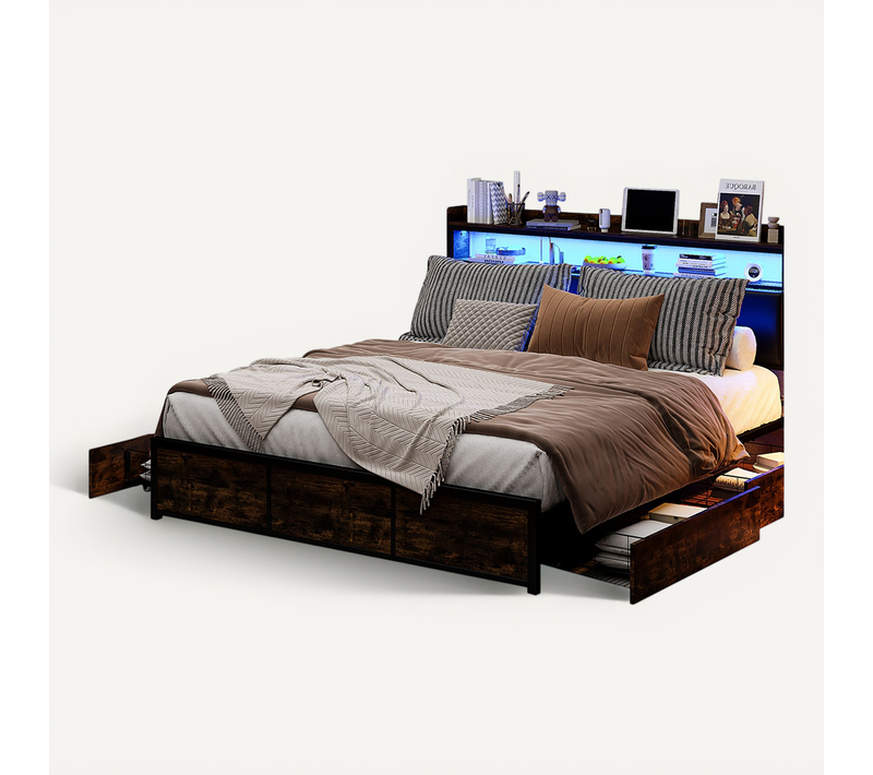 Lit Double 160x200 Cm Avec LED, 4 Tiroirs, Tête De Lit Avec Rangements, Revêtement Pu Noir