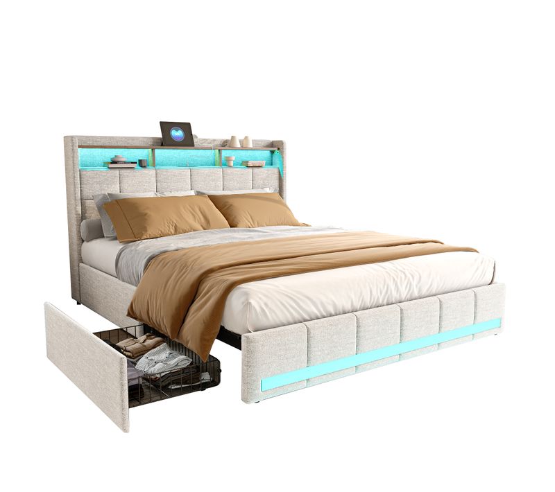 Lit Double 160x200 Cm En Lin Beige, 4 Tiroirs, LED, Étagères, Ports USB/type-c,sommier à Lattes Bois