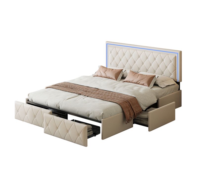 Lit Adulte Double 160x200 Cm, 4 Tiroirs, Rembourré Avec Lumière LED, Sommier à Lattes, Pu Blanc.