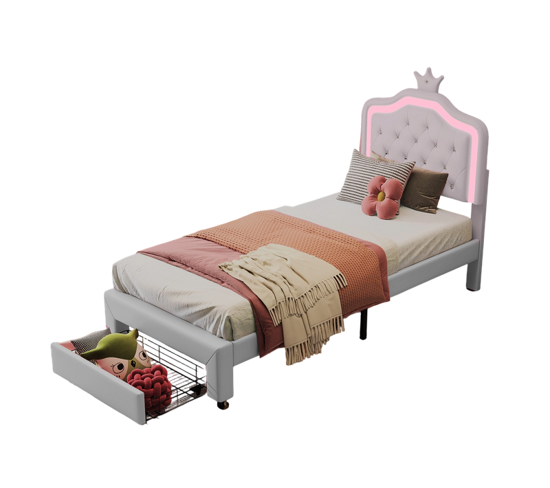 Lit Enfant 90x200 Cm, Simple Avec Sommier à Lattes, Tiroirs, LED, Lit Princesse Avec Couronne,blanc