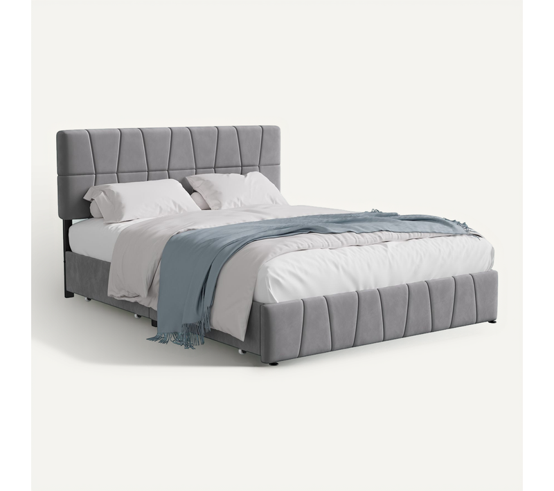 Lit Double 160x200 Cm, 4 Tiroirs En Fer, Sommier à Lattes, Structure En Métal, Tissu Velours, Gris