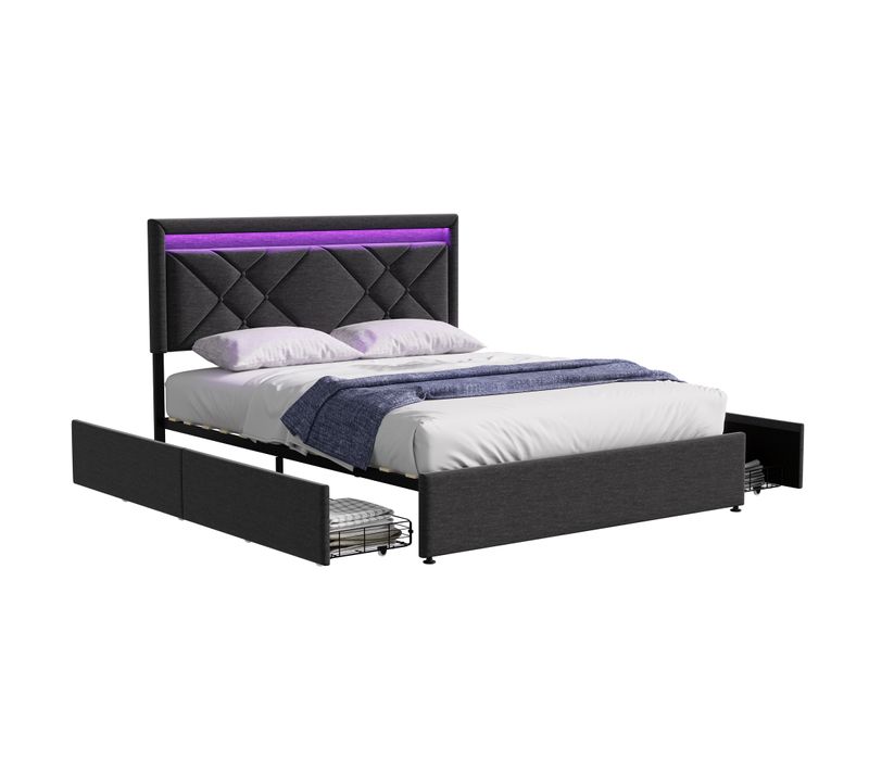 Lit Double 160x200 Cm, LED, USB Type C, 4 Tiroirs, Sommier à Lattes, Lin Gris Foncé