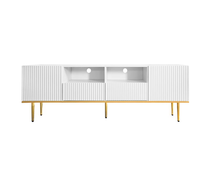 Meuble TV Moderne 165 X 36 X 55 Cm, Bas Avec Pieds Et Bord Dorés, Design Épuré En Blanc