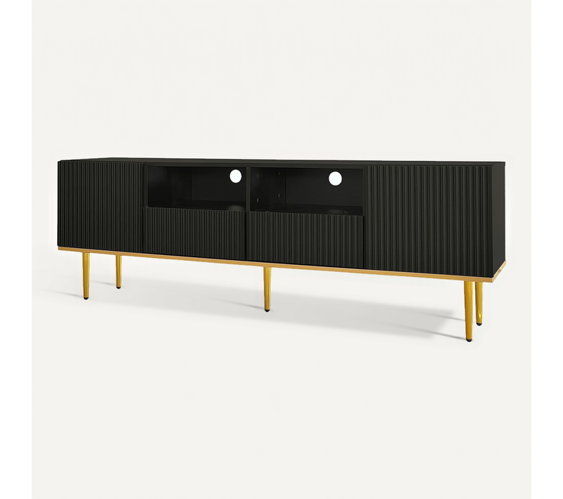 Meuble TV Moderne 165 X 36 X 55 Cm, Bas Avec Pieds Et Bord Dorés, Design Épuré En Noir