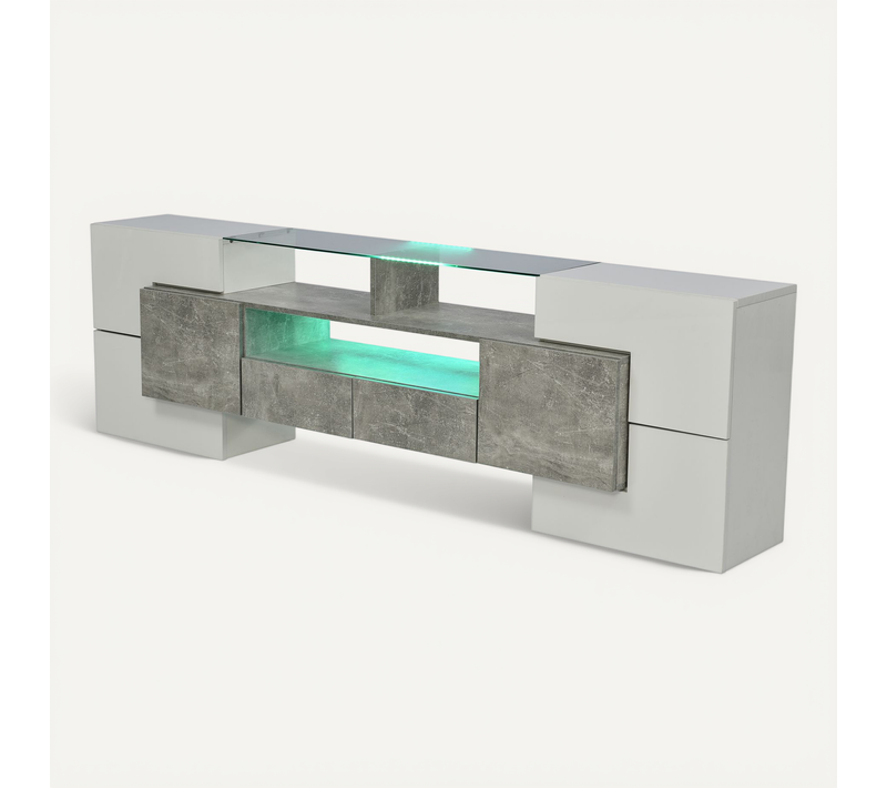 Meuble TV LED Blanc Et Gris Brillant, Surface En Verre, 6 Portes, 2 Tiroirs, 3 Compartiments