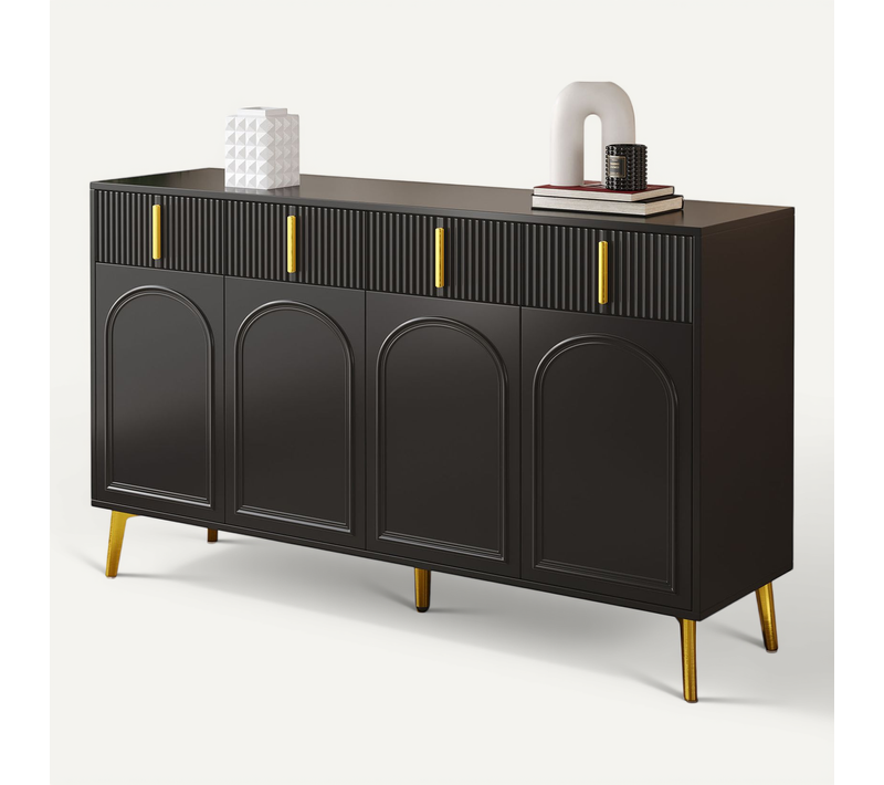 Buffet à 4 Portes Et 4 Tiroirs Meuble De Rangement, Meuble De Cuisine Avec Cloison Réglable, Noir
