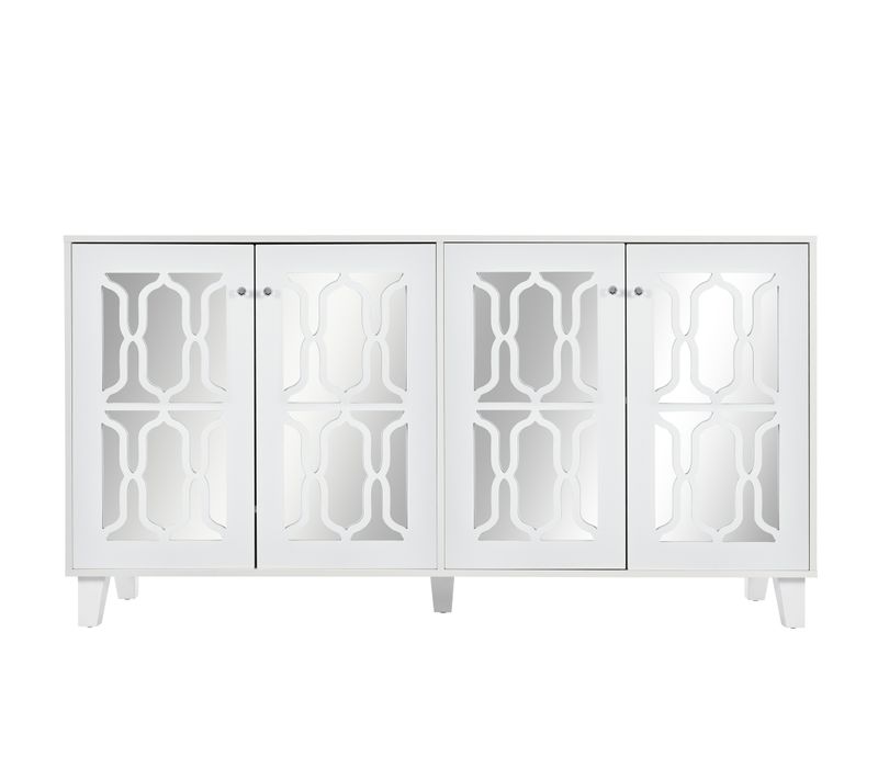 Buffet Miroir Avec 4 Portes, Séparateurs Amovibles, Buffet Pour Cuisine, Salle à Manger, Blanc