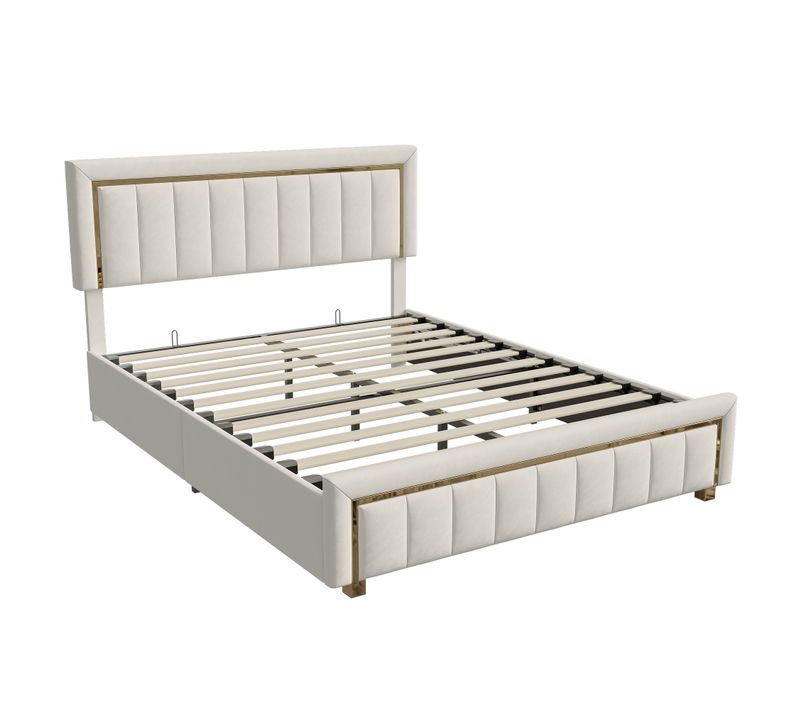 Lit 160x200 Cm, Lit Coffre Avec Rangement, Cadre De Lit Avec Tête De Lit, Velours, Beige