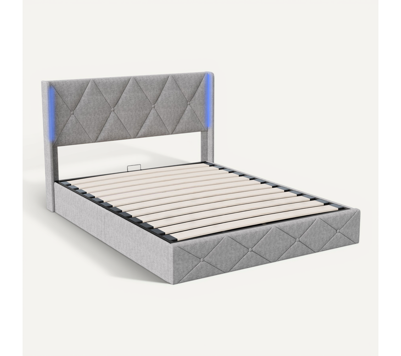 Lit Coffre 160x200 Cm, Tête De Lit Avec LED, Lit Double Avec Sommier à Lattes,velours,beige