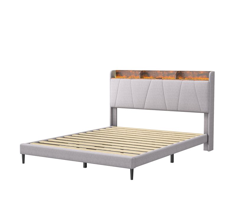 Lit Coffre 140x200 Avec USB Et Type C, Lit Capitonné Avec Sommier à Lattes, LED Lit Double, Beige