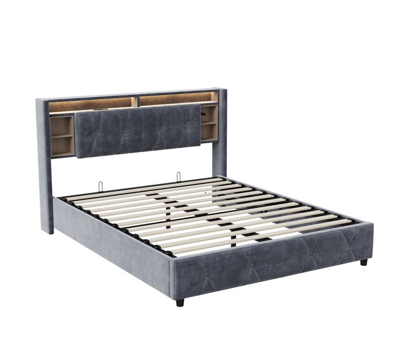 Lit Coffre 160x200 Avec USB Et Rangement, Lit Capitonné Avec Sommier à Lattes, Lit Double, Gris