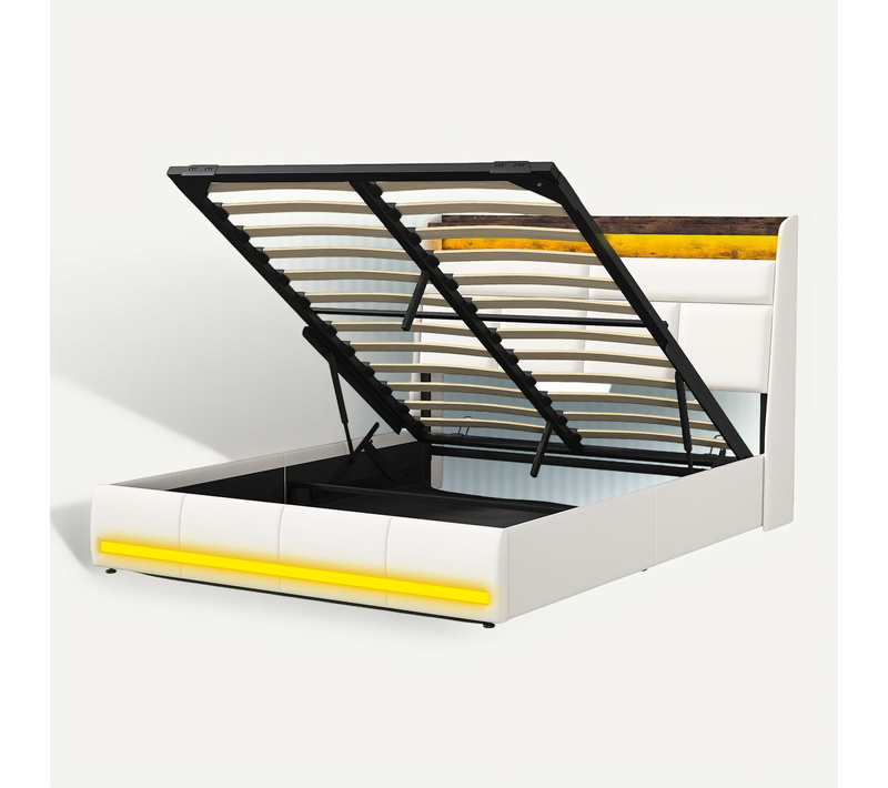 Lit Coffre 160x200 Avec USB Et LED, Lit Capitonné Avec Sommier à Lattes, Lit Double, Blanc