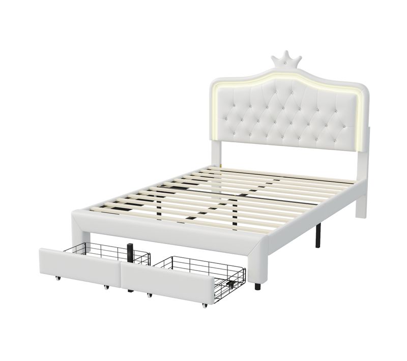 Lit 140x200 Avec Tiroirs Et LED, Lit Capitonné Avec Sommier à Lattes, Blanc