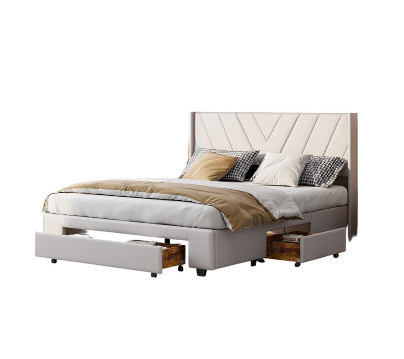 Lit Coffre 160x200 Avec 3 Tiroirs, Lit Capitonné Avec Sommier à Lattes, Lit Double, Beige