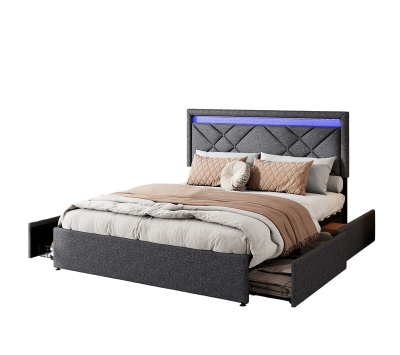 Lit 140x200 Avec USB Et Type C, Lit Capitonné Avec Sommier à Lattes Et 4 Tiroirs, Lit Double