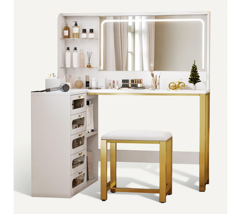 Coiffeuse Avec Tabouret, Miroir HD Et Lumières LED Réglables, Prise De Courant, 5 Tiroirs, Blanc