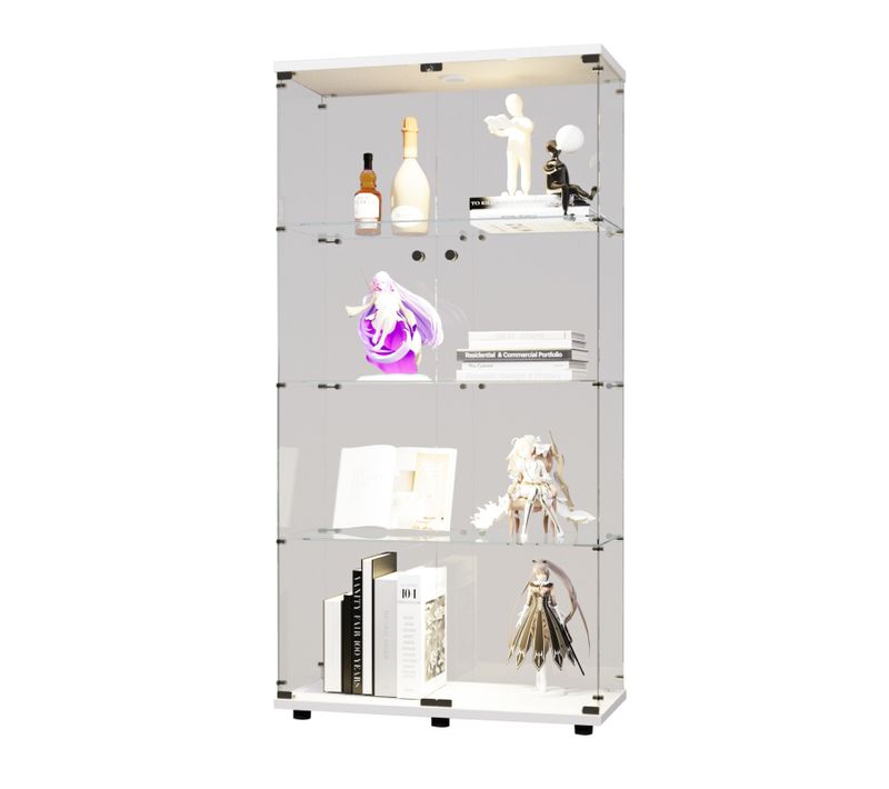 Vitrine En Verre Sur Pied, LED, 2 Portes Avec Serrure, 4 Compartiments, Pour Collections Et Déco