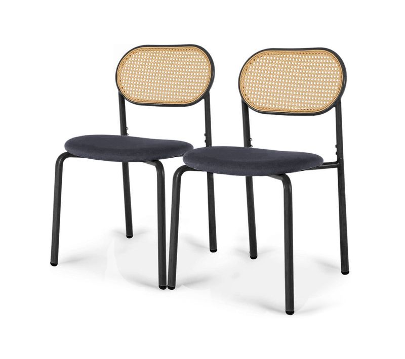 Lot De 2 Chaises Modernes De Cuisine Avec Dossier En Rotin, Pieds Métalliques, Noir