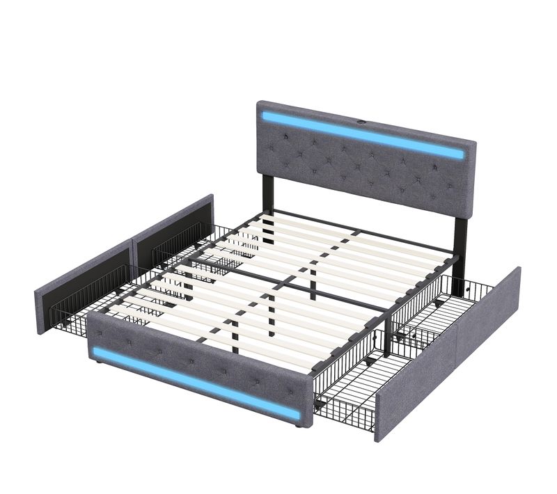 Lit Rembourré 140x190 Cm, LED, 4 Tiroirs, USB, Coffre En Lin, Sommier Bois -gris