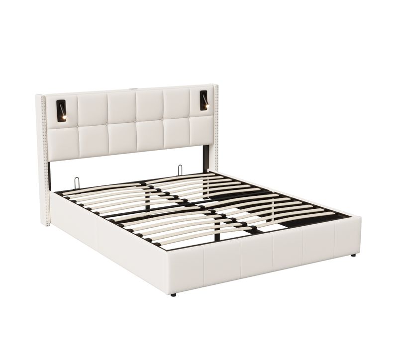 Lit Coffre 160x200 Cm Avec Sommier, Lit Capitonné Avec Port USB Et Type-c, LED, Velours, Beige
