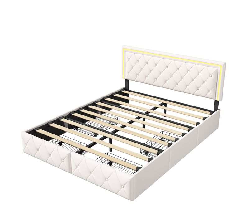 Lit 160x200cm Avec LED Tête De Lit Relevable, Lit Capitonné Avec 4 Tiroirs Et Rangement Lit, Blanc