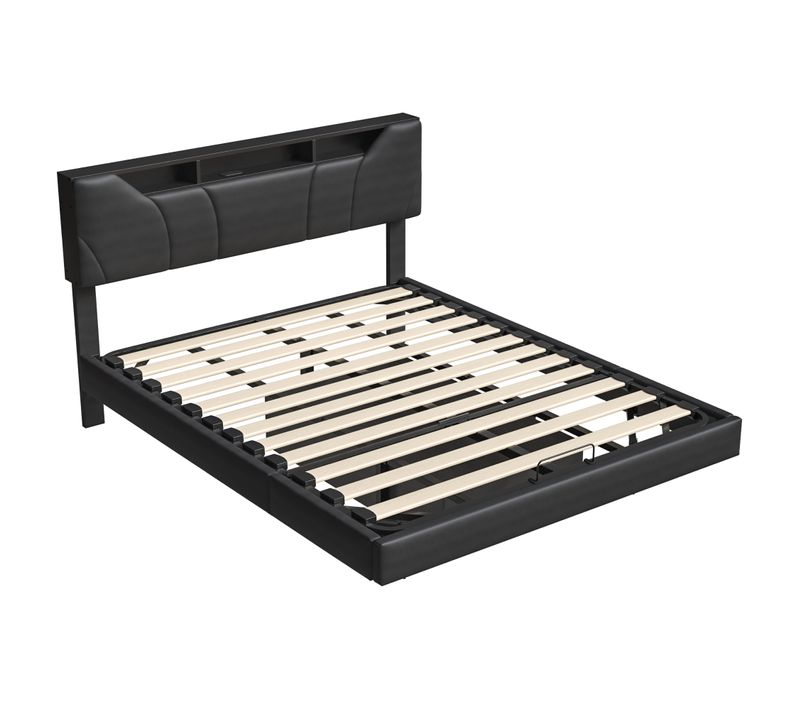 Lit 160x200 Cm Avec Éclairage LED, Lit Coffre Avec Port USB, Tête De Lit Réglable En Hauteur, Noir