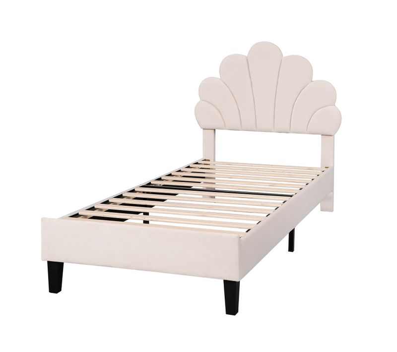 Lit Simple Capitonnés 90 X 200 Cm, Tête De Lit En Forme De Fleur, Sommier à Lattes, Velours, Beige