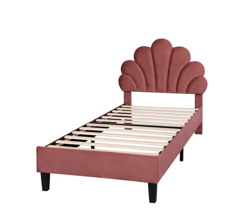 Lit Simple Capitonnés 90 X 200 Cm, Tête De Lit En Forme De Fleur, Sommier à Lattes, Velours, Rouge