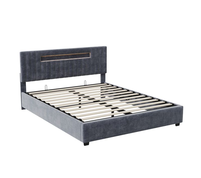 Lit Coffre 160x200cm - Lit Double Avec Tête De Lit LED Avec Rangemet, En Tissu Velours Gris