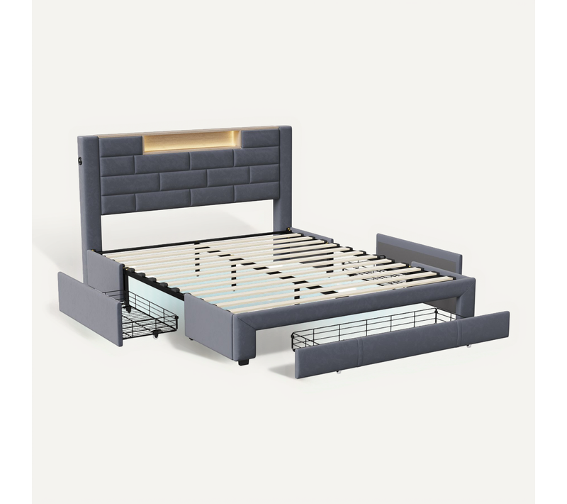 Lit Double 160x200 Cm, Velours Gris, LED Tête De Lit, 3 Tiroirs, USB, Sommier Bois, Fonctionnel