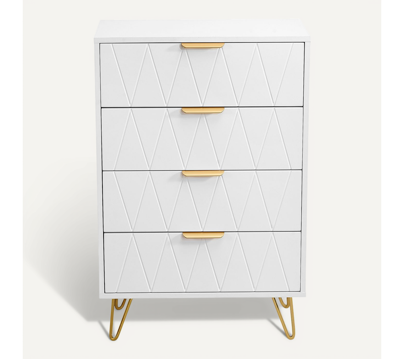 Commode à 4 Tiroirs, Grande Commode De Rangement Avec Pieds En Métal - Diamant Blanc