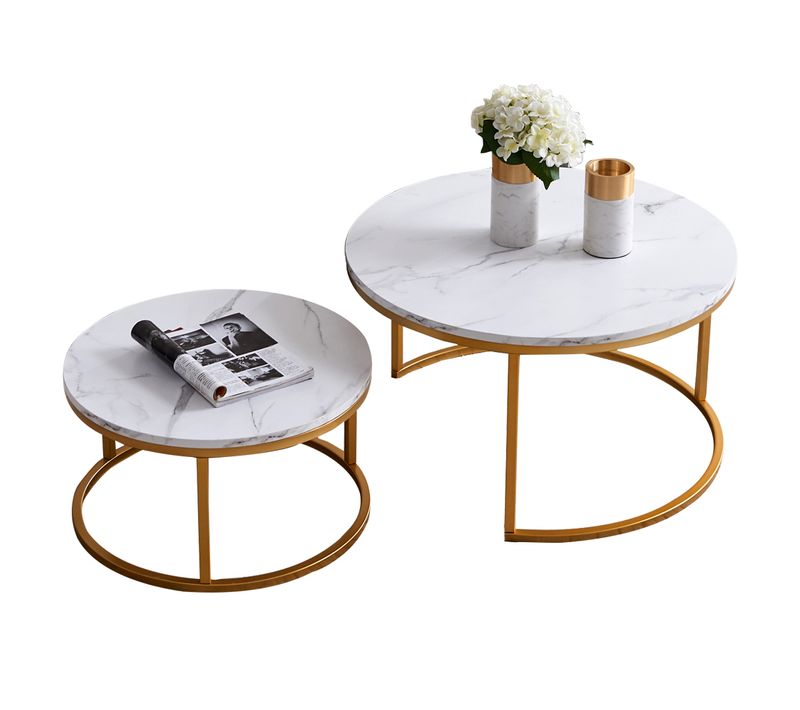 Lot De 2 Tables Basses Gigognes, Avec Marbré Brillant, Or Et Blanc
