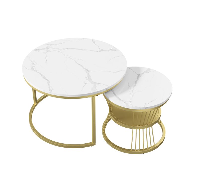 Lot De 2 Tables Basse, Table De Salon Gigognes Ronde, Doré Et Blanc