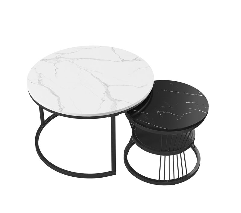 Lot De 2 Tables Basse, Table De Salon Gigognes Ronde, Noir Et Blanc