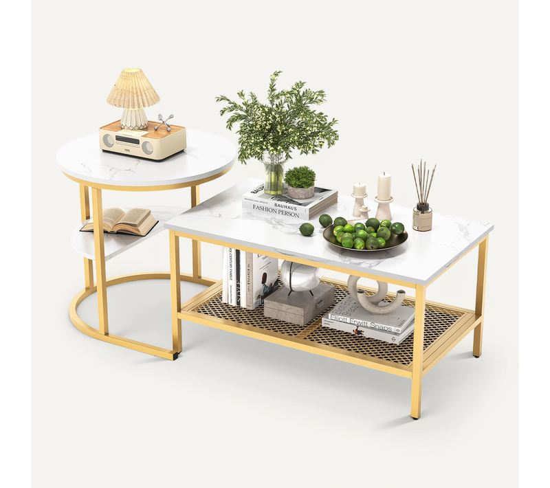 Tables Basses Gigognes Lot De 2, Table Gigogne Design Marbre, Cadre En Métal Doré