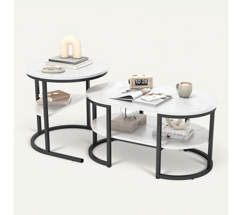 Tables Basses Gigognes Lot De 2, Table Gigogne Design Marbre, Cadre En Métal Noir