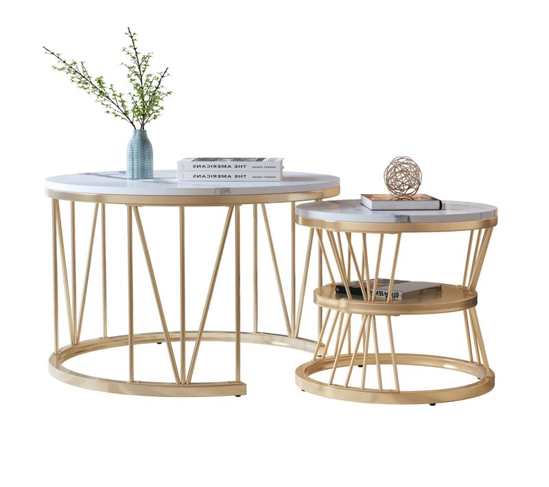 Table Basse Salon Gigogne, Placage En Marbre, Structure En Métal, Or Et Blanc