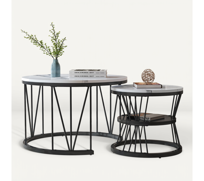 Table Basse Salon Gigogne, Placage En Marbre, Structure En Métal, Noir Et Blanc