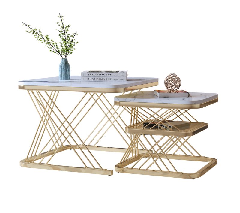 Lot De 2 Tables Basses Gigognes, Carrées Table D'appoint, Doré