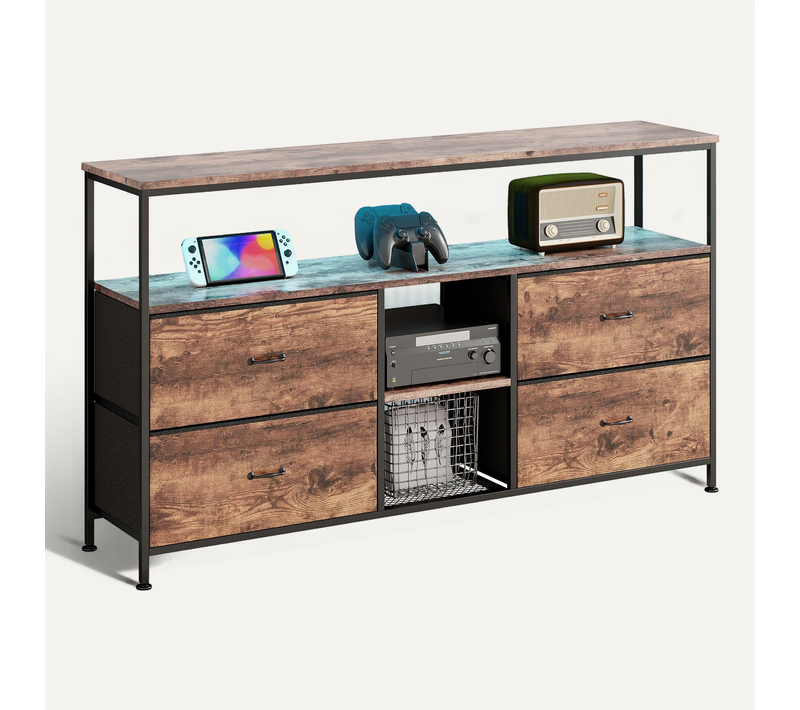 Meuble TV LED Avec 4 Tiroirs, 137x30x78cm Banc TV Rétro Buffet, Tiroir Bois