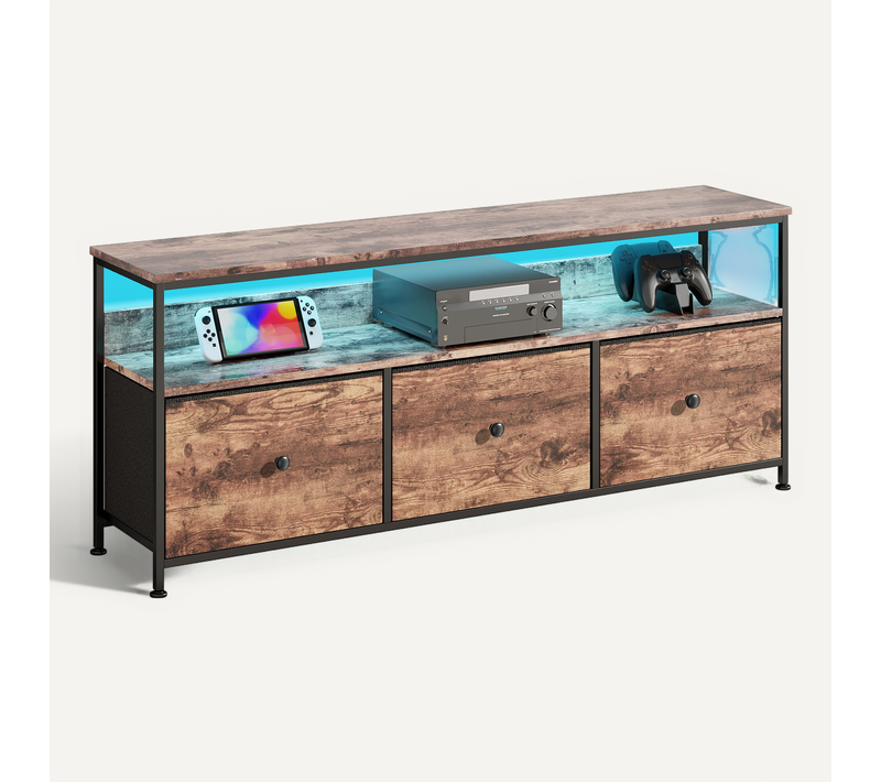 Meuble TV LED Avec 3 Tiroirs, 137x30x57cm Banc TV Rétro Buffet, Tiroir Bois