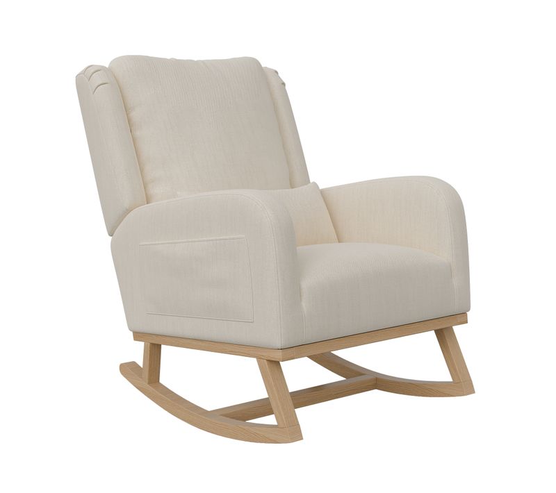 Fauteuil à bascule avec dossier haut, accoudoirs épais et poches latérales, lin