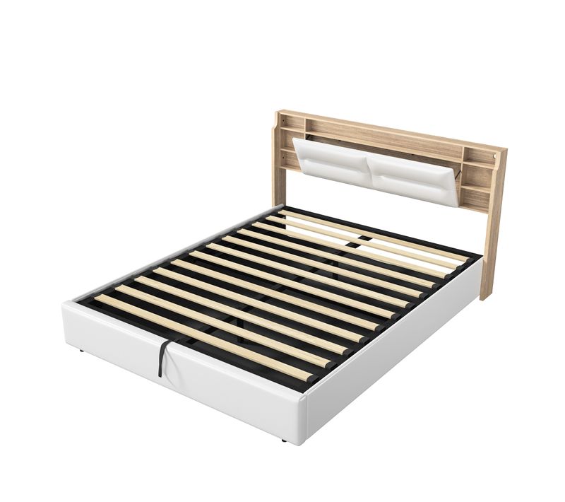 Lit Rembourré 160x200cm Lit Double Avec Et LED, Lit Coffre, Lit Fonctionnel Simili Cuir, Blanc