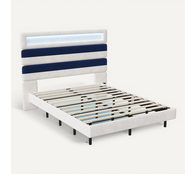 Lit Rembourré 140x190cm Avec USB, Lit D'adolescent, Lit Double Avec LED, Velours, Blanc Et Bleu